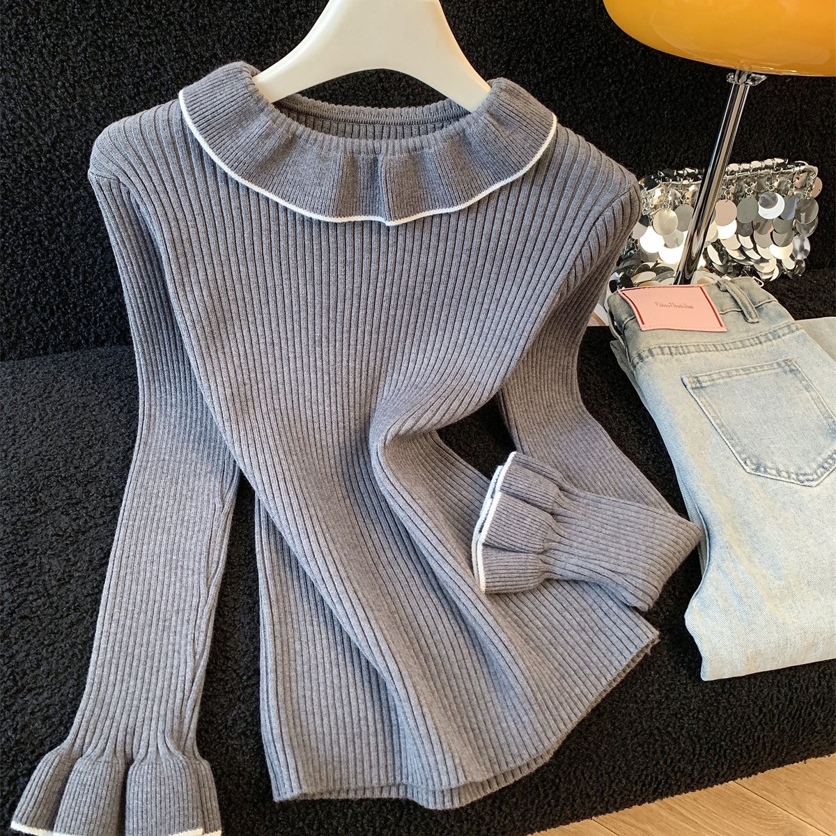 韩系木耳边设计感针织打底衫女冬季新款显瘦温柔百搭内搭上衣，女装针织衫/毛衣，衣嘉衣服饰