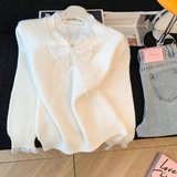 蕾丝蝴蝶结拼接宽松长袖毛衣女秋冬新款慵懒风甜美针织衫上衣，女装针织衫/毛衣，衣嘉衣服饰