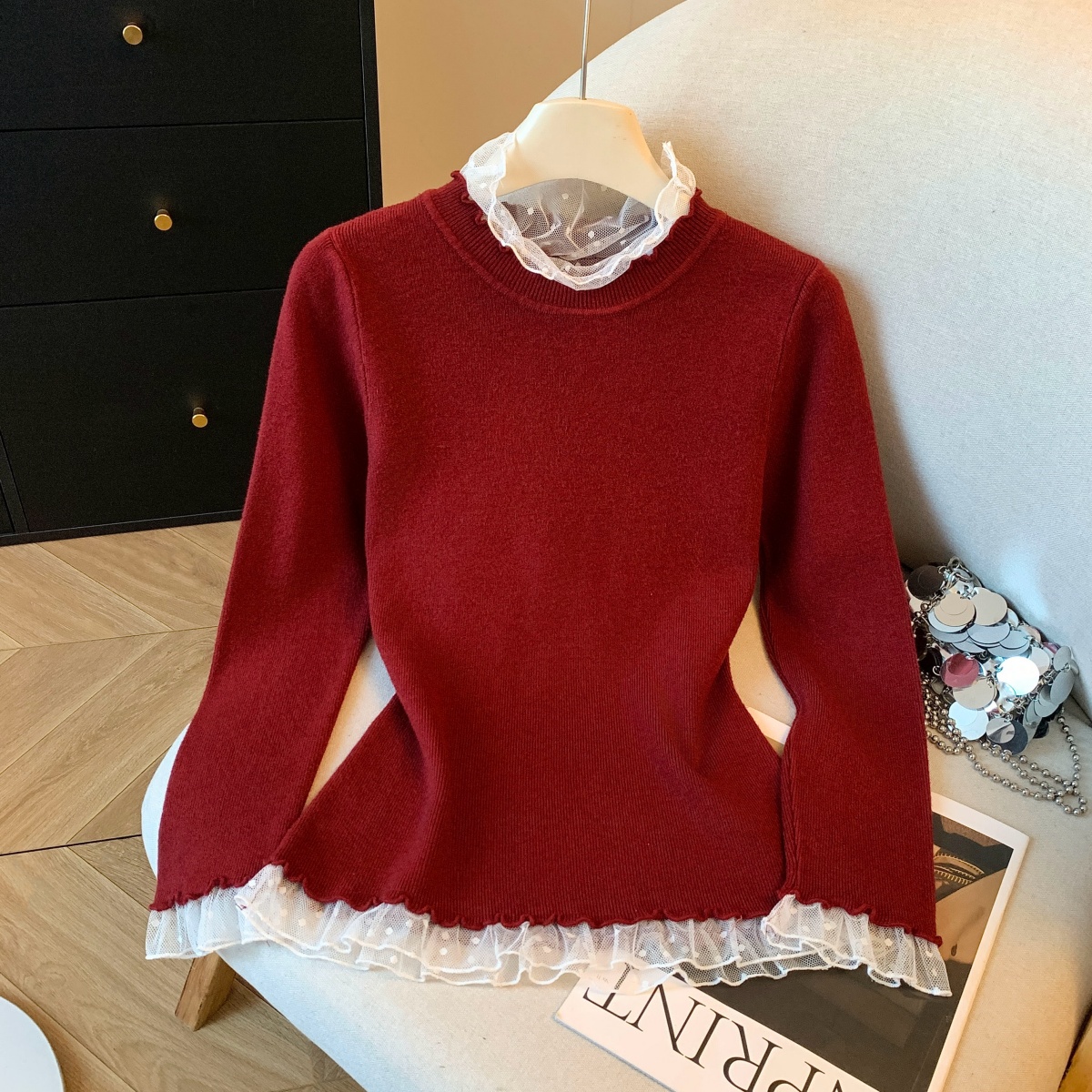 2025冬蕾丝波点拼接半高领针织衫女修身显瘦木耳边打底衫上衣，女装针织衫/毛衣，衣嘉衣服饰