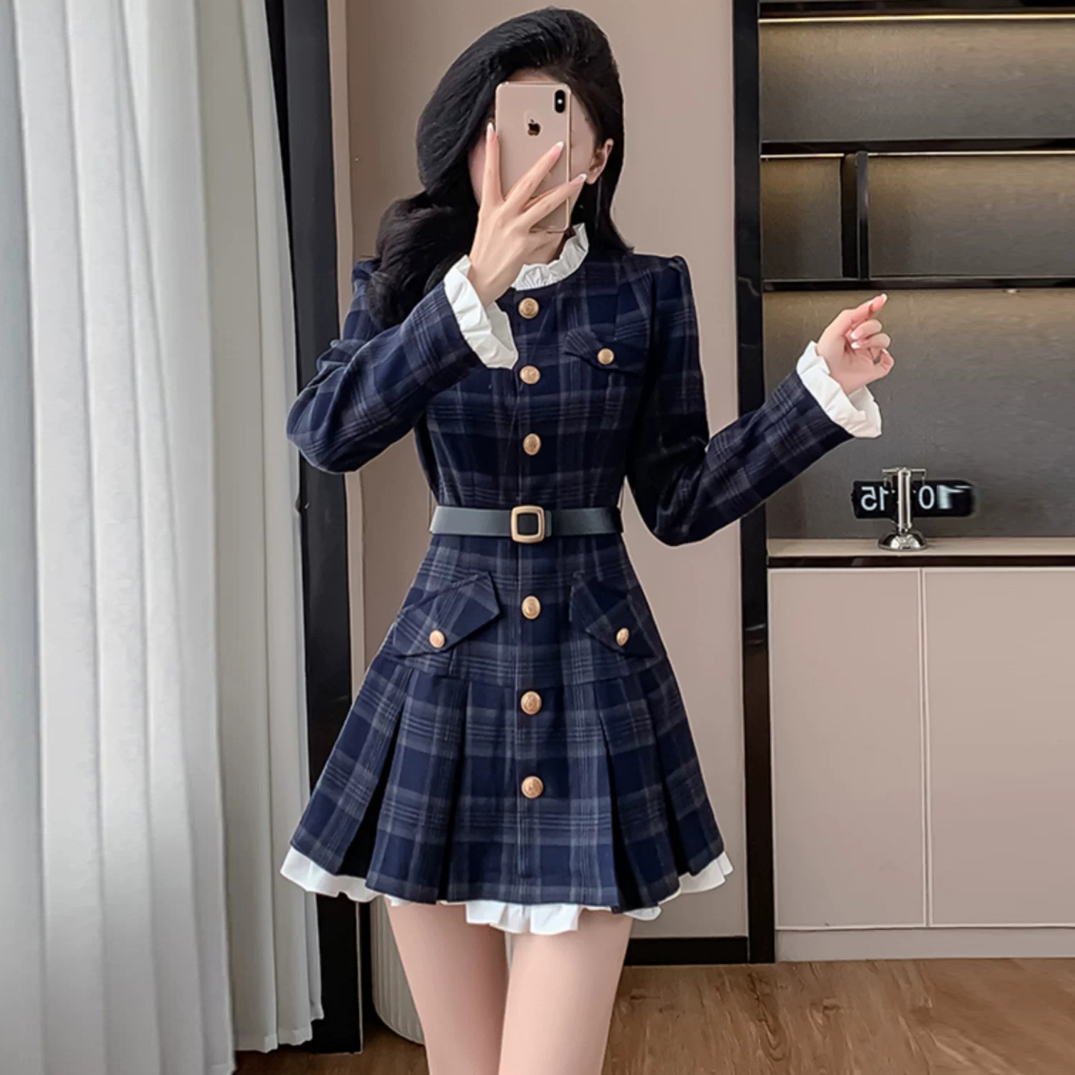 :2025秋冬新款时尚法式复古高级感连衣裙+皮带，女装连衣裙，衣嘉衣服饰