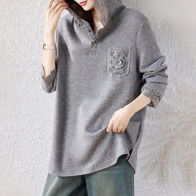 大码连帽蕾丝拼接针织衫2025秋季洋气百搭时尚减龄休闲女,女装大码女装,衣嘉衣服饰 大码连帽蕾丝拼接针织衫2025秋季洋气百搭时尚减龄休闲女,女装大码女装,衣嘉衣服饰