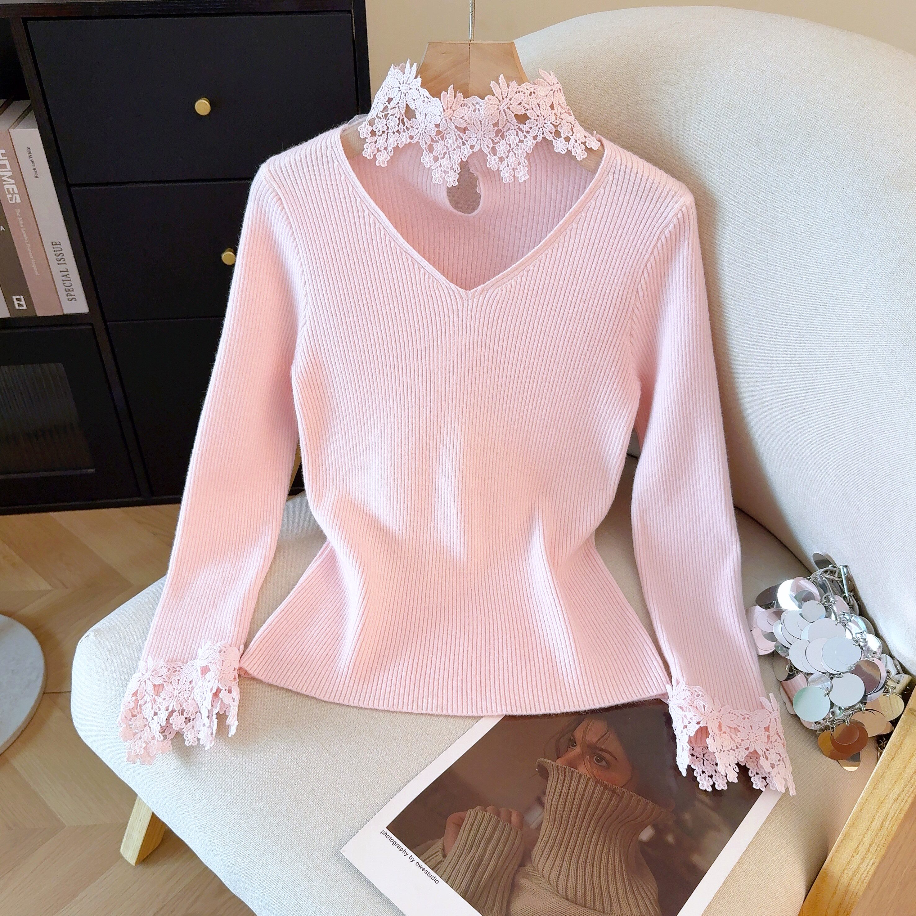 2025冬季新款内搭雷丝挂脖毛衣修身打底针织衫洋气减龄上衣,针织衫/毛衣,衣嘉衣服饰