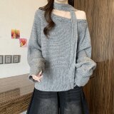 法式一字肩斜肩挂脖针织衫女秋冬新款胖MM慵懒风显瘦气质百搭毛衣，商品下架区，衣嘉衣服饰