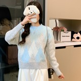 洋气时尚百度菱格撞色套头圆领毛衣韩系针织衫上衣女，女装针织衫/毛衣，衣嘉衣服饰