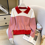 2025秋装新款洋气设计感POLO领条纹撞色针织衫毛衣女，女装针织衫/毛衣，衣嘉衣服饰