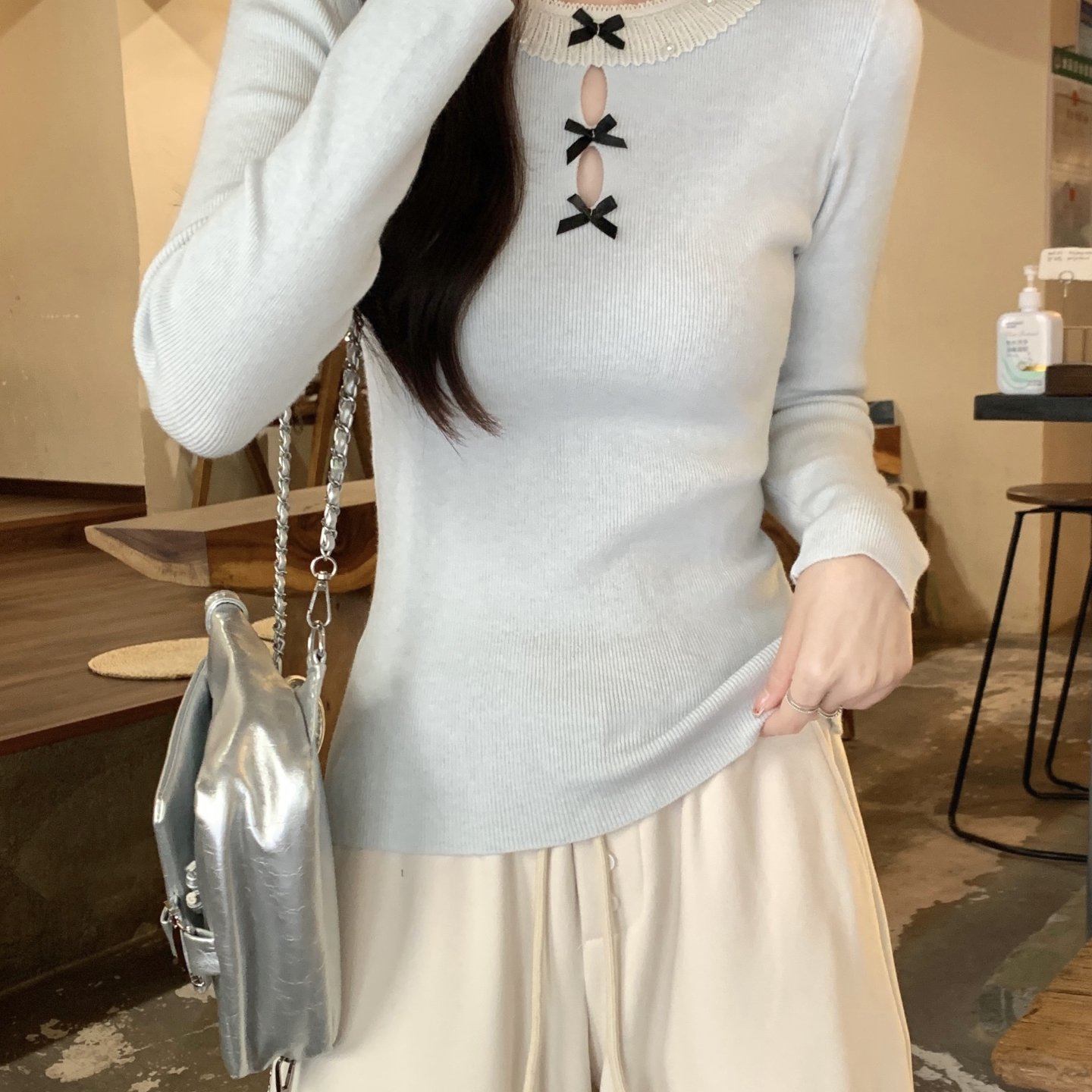 韩系蕾丝拼接圆领蝴蝶结针织毛衣女冬季新款修身气质内搭绝美上衣，女装针织衫/毛衣，衣嘉衣服饰