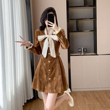 特价系带蝴蝶结法式加厚长袖连衣裙女冬装收腰气质荷叶边打底裙，女装连衣裙，衣嘉衣服饰