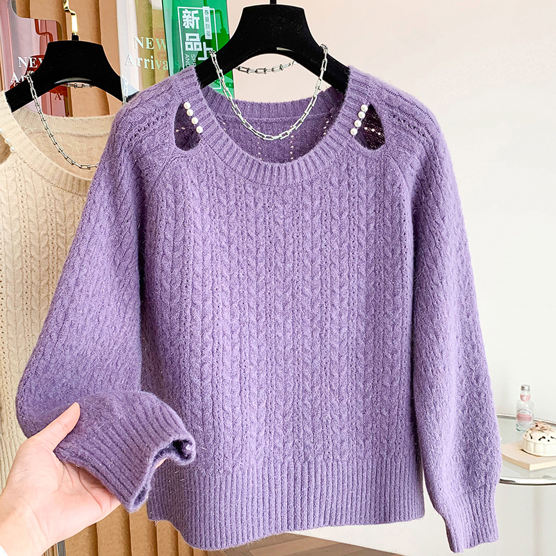 设计感小众钉珠镂空毛衣女秋冬加厚宽松温柔软糯慵懒风内搭针织衫，女装针织衫/毛衣，衣嘉衣服饰