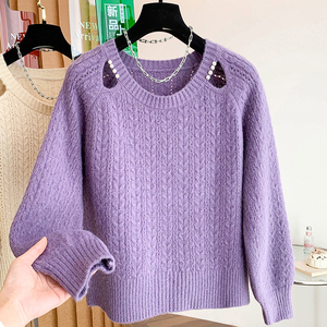 设计感小众钉珠镂空毛衣女秋冬加厚宽松温柔软糯慵懒风内搭针织衫，女装针织衫/毛衣，衣嘉衣服饰