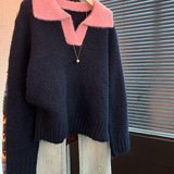 撞色翻领套头宽松长袖毛衣外穿女秋冬季休闲慵懒风松弛感上衣，女装针织衫/毛衣，衣嘉衣服饰