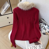 新年氛围感可拆卸毛领秋冬新款韩系麻花甜美毛衣圆领针织衫女，女装针织衫/毛衣，衣嘉衣服饰