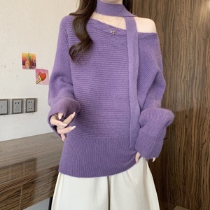 法式一字肩斜肩挂脖针织衫女秋冬新款胖MM慵懒风显瘦气质百搭毛衣，女装大码女装，衣嘉衣服饰