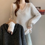 ~大码胖MM秋冬新款重工亮片V领正肩长袖套头上衣毛衣，女装大码女装，衣嘉衣服饰