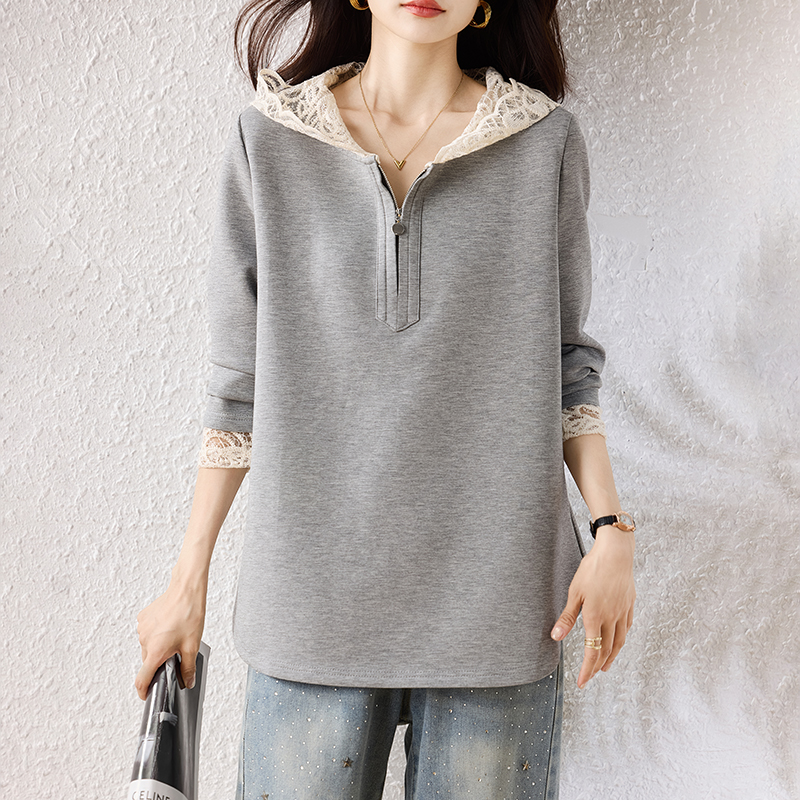 2025秋季新款宽松显瘦重工蕾丝拼接套头百搭时尚长袖连帽卫衣,女装大码女装,衣嘉衣服饰 2025秋季新款宽松显瘦重工蕾丝拼接套头百搭时尚长袖连帽卫衣,女装大码女装,衣嘉衣服饰