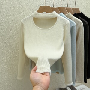 半高领镂空针织毛衣女秋冬加厚坑条修身内搭温柔风保暖打底衫图片