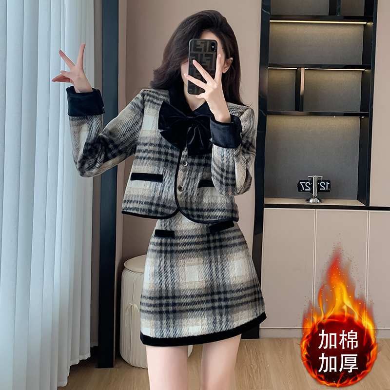现货毛呢短外套半身裙两件套春秋冬季2025新款时尚套装女，女装套装/套裙，衣嘉衣服饰