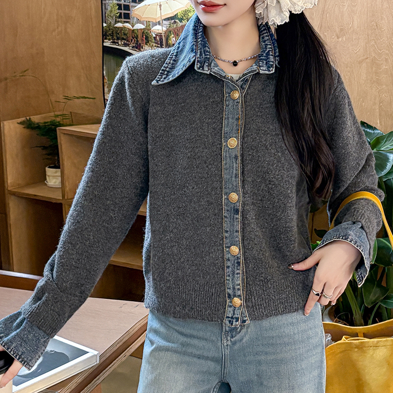 牛仔polo领拼接毛衣针织衫女加厚开衫外套秋冬设计感排扣上衣