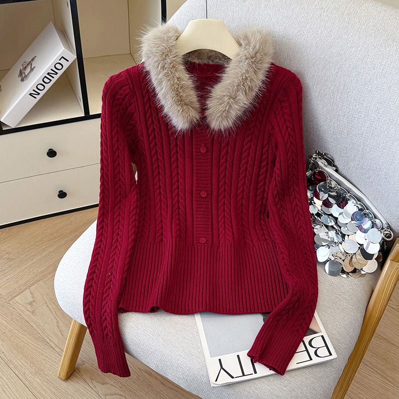 新年氛围感可拆卸毛领秋冬新款韩系麻花甜美毛衣圆领针织衫女，女装针织衫/毛衣，衣嘉衣服饰