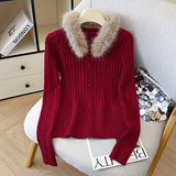 新年氛围感可拆卸毛领秋冬新款韩系麻花甜美毛衣圆领针织衫女，女装针织衫/毛衣，衣嘉衣服饰