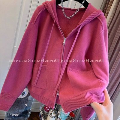双拉链连帽针织衫女2025早秋季
