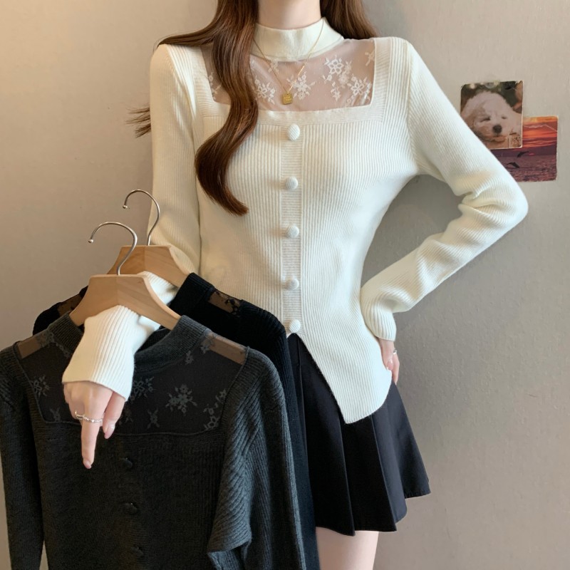 ~大码胖MM秋冬新款欧货蕾丝拼接领不规则下摆长袖套头针织衫，女装大码女装，衣嘉衣服饰