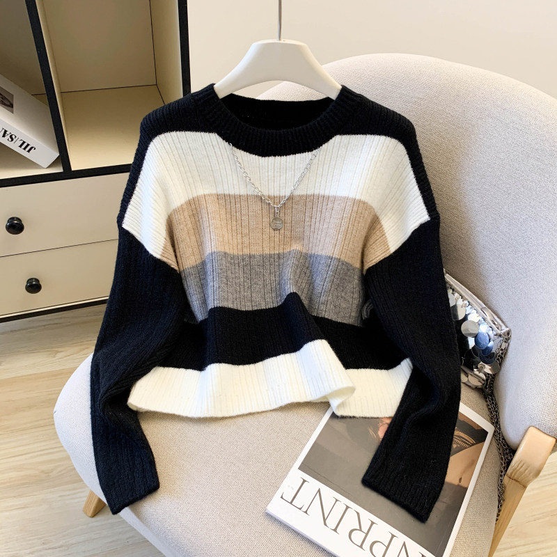 复古慵懒风毛衣2025冬款新款撞色条纹头套针织法式上衣,针织衫/毛衣,衣嘉衣服饰