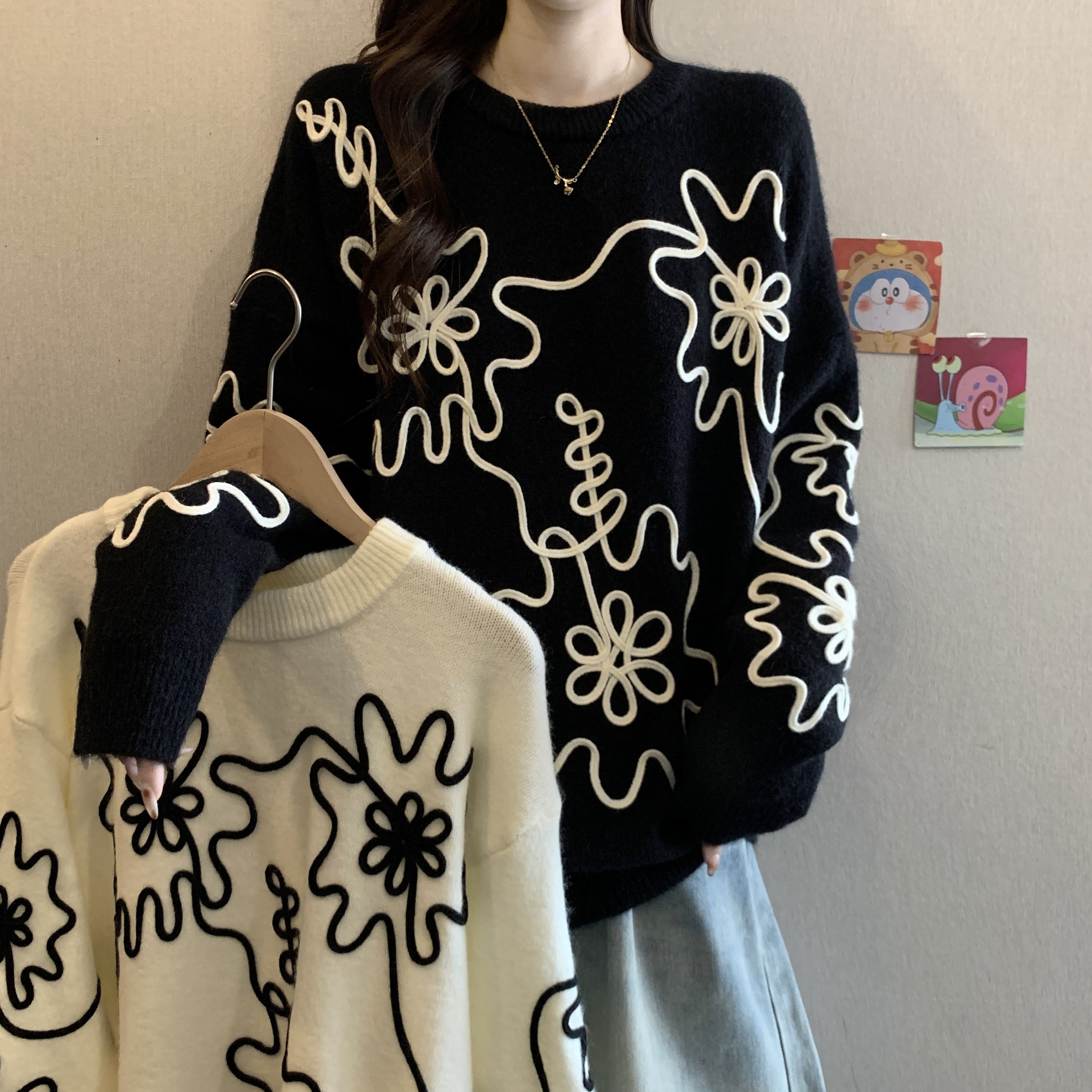 高级感气质立体印花正肩毛衣女秋冬新款胖MM宽松遮肚子独特针织衫,女装大码女装,衣嘉衣服饰 高级感气质立体印花正肩毛衣女秋冬新款胖MM宽松遮肚子独特针织衫,女装大码女装,衣嘉衣服饰