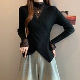 ~大码胖MM秋冬新款蕾丝V领交叉不对称下摆收腰套头长袖针织衫，女装大码女装，衣嘉衣服饰