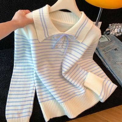 实拍复古条纹蝴蝶结polo领长袖针织衫女春秋冬慵懒风内搭打底毛衣