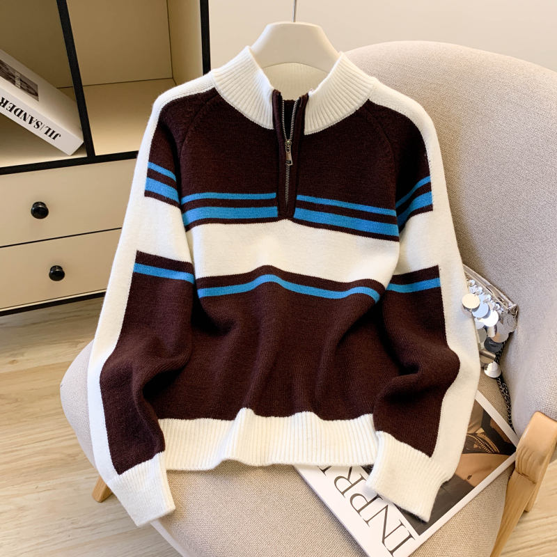 美式复古撞色毛衣针织衫条纹拉链2025新款秋冬长袖宽松上衣,女装针织衫/毛衣,衣嘉衣服饰 美式复古撞色毛衣针织衫条纹拉链2025新款秋冬长袖宽松上衣,女装针织衫/毛衣,衣嘉衣服饰