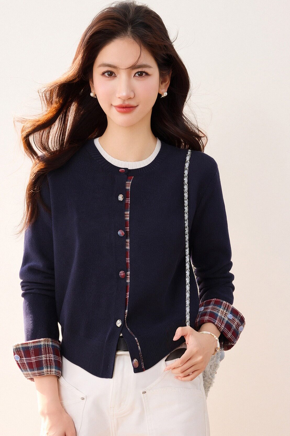 韩系学院风针织圆领开衫拼接假两件春秋气质显瘦短款,针织衫/毛衣,衣嘉衣服饰