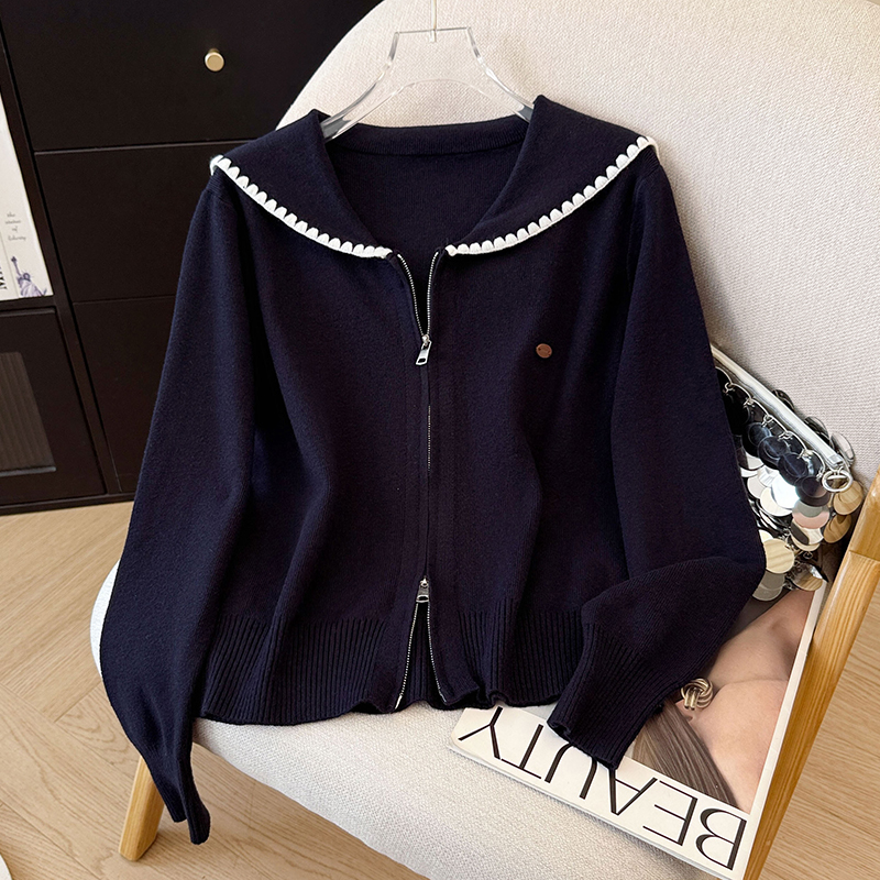 双拉链海军领长袖软糯毛衣外套女秋冬新款休闲百搭开衫针织衫上衣,女装针织衫/毛衣,衣嘉衣服饰 双拉链海军领长袖软糯毛衣外套女秋冬新款休闲百搭开衫针织衫上衣,女装针织衫/毛衣,衣嘉衣服饰