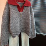 撞色翻领套头宽松长袖毛衣外穿女秋冬季休闲慵懒风松弛感上衣，女装针织衫/毛衣，衣嘉衣服饰