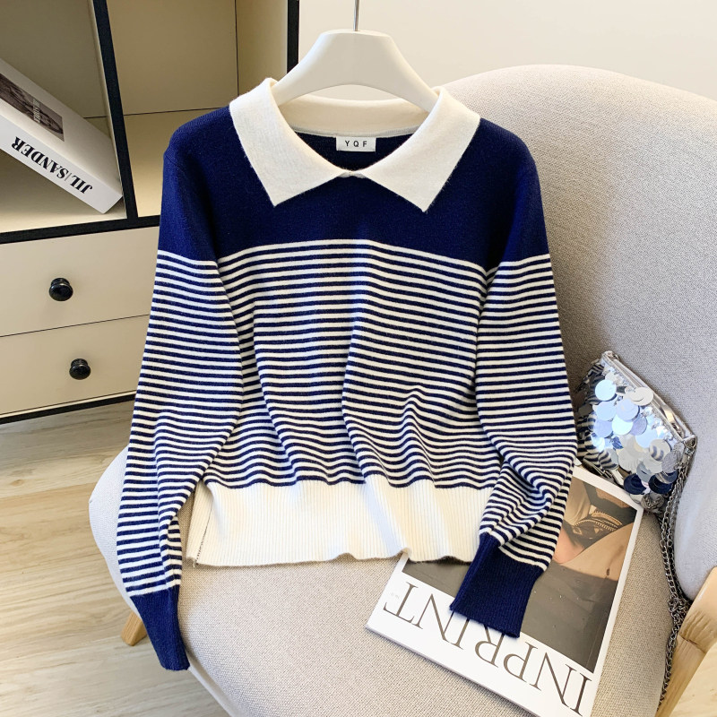 2025秋装新款洋气设计感POLO领条纹撞色针织衫毛衣女，女装针织衫/毛衣，衣嘉衣服饰
