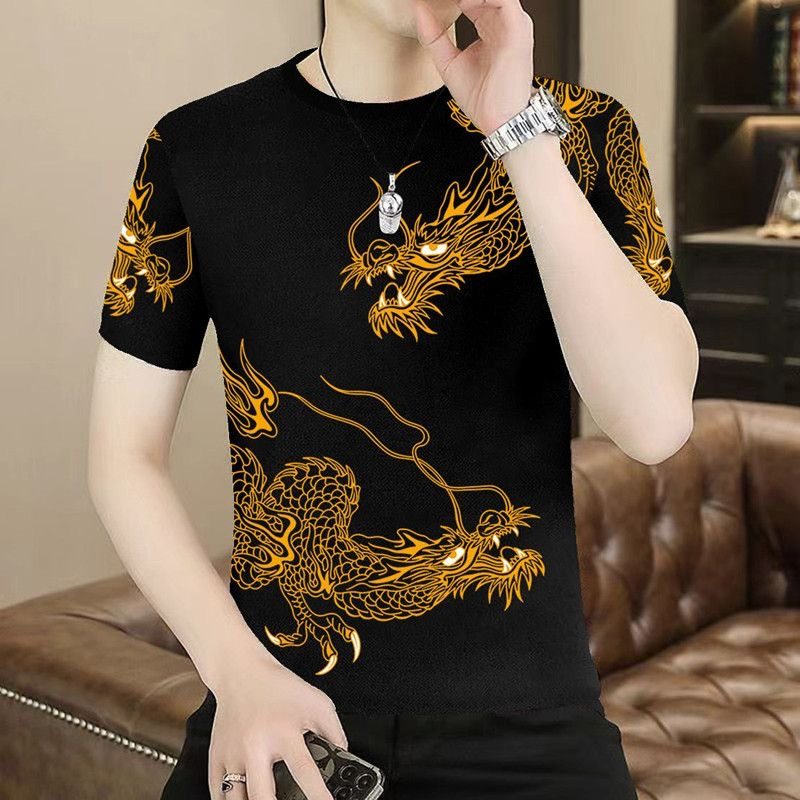 新款本命年中国红短袖t恤运动男士夏季潮流时尚修身圆领印花打底