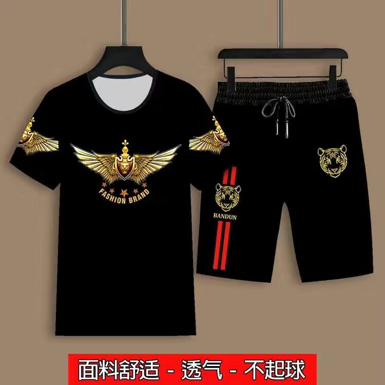 夏季男士短袖短裤套装民族风3D印花龙图案复古上衣圆领时尚两件套