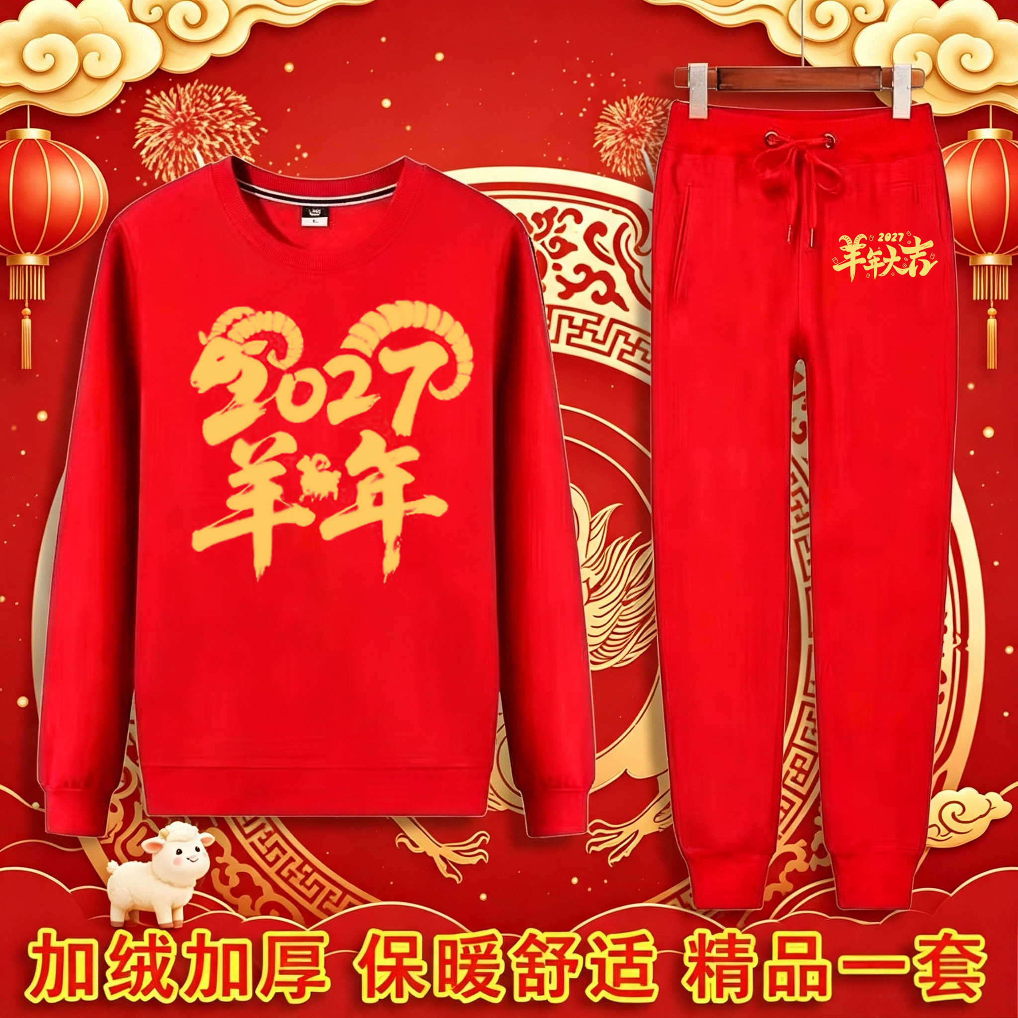 2027本命年红色保暖套装冬季爆款国潮印花喜气洋洋男女同款两件套
