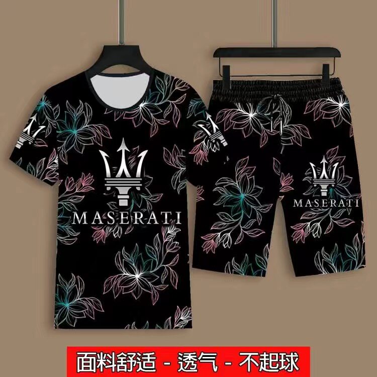 夏季男士短袖短裤套装民族风3D印花龙图案潮流上衣圆领外穿两件套