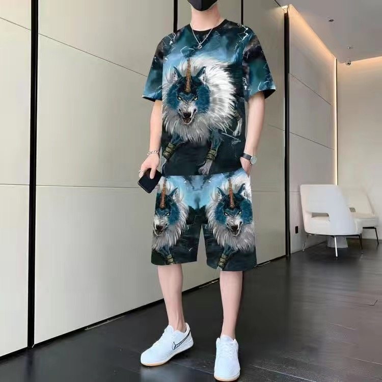 男款休闲时尚个性短袖短裤夏季圆领t恤套装民族风百搭圆领上衣衫