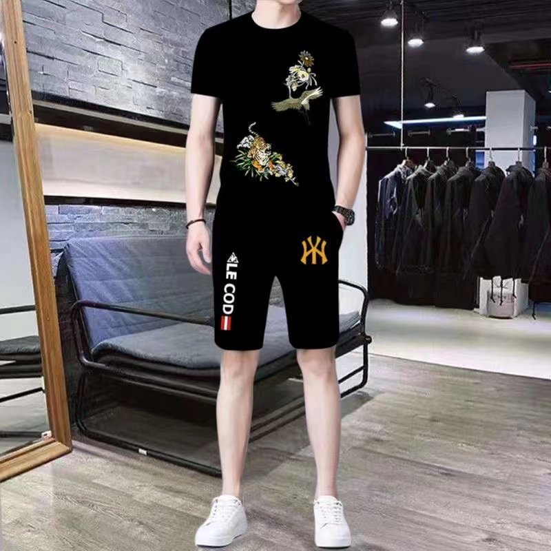 套装2022新款冰丝短袖短裤套装男时尚潮流3D印花百搭中年上衣服男