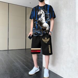 男士休闲运动套装2026年夏季新款潮牌圆领短袖短裤帅气两件套夏装