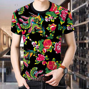 2021夏季新款潮流东北大花网红短袖男士上衣T恤衫男短袖T恤衫男