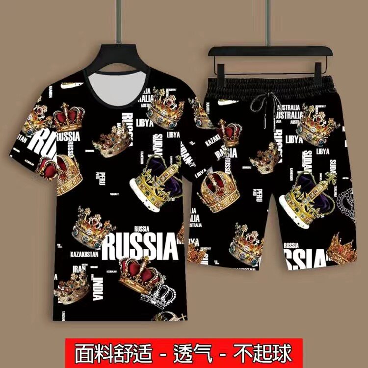 夏季男士短袖短裤套装民族风3D印花龙图案网红同款上衣圆领两件套