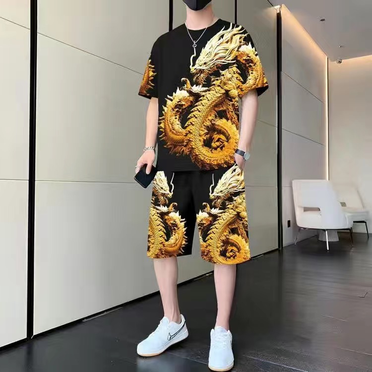 新款男士休闲运动印花3D上衣t恤短袖短裤套装时尚龙图案个性圆领
