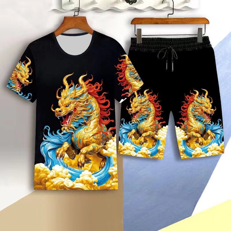 夏季男士新款民族风短袖短裤套装龙图案个性百搭圆领印花上衣t恤