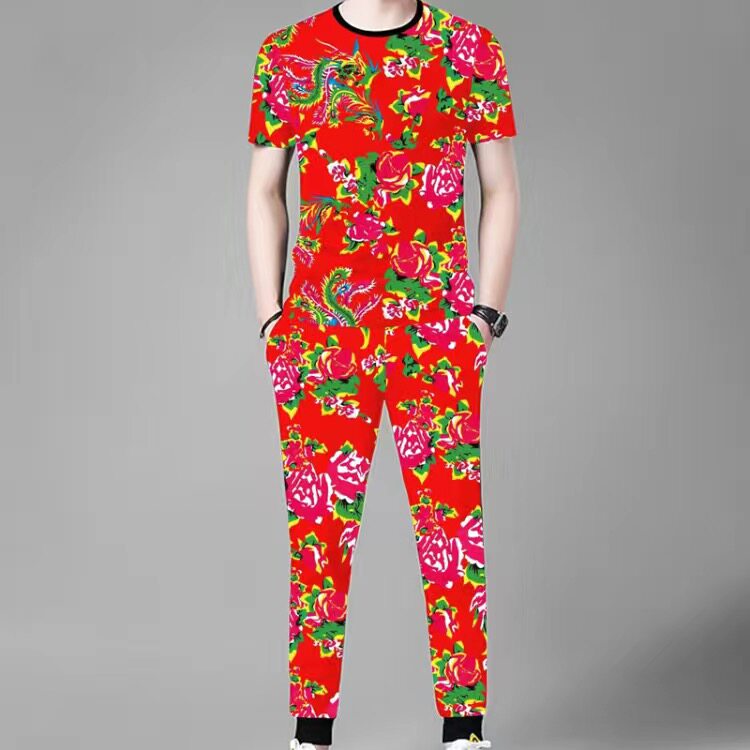 2024新款休闲运动短袖T恤长裤短裤套装夏季中国龙图案印花圆领衫