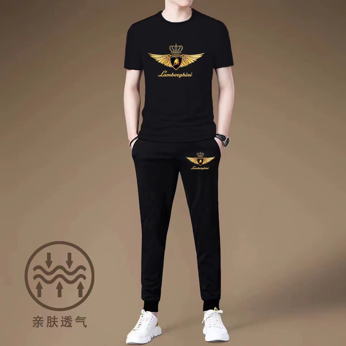 春夏男士套装社会精神小伙潮牌短袖长裤帅气搭配两件套印花男衣服
