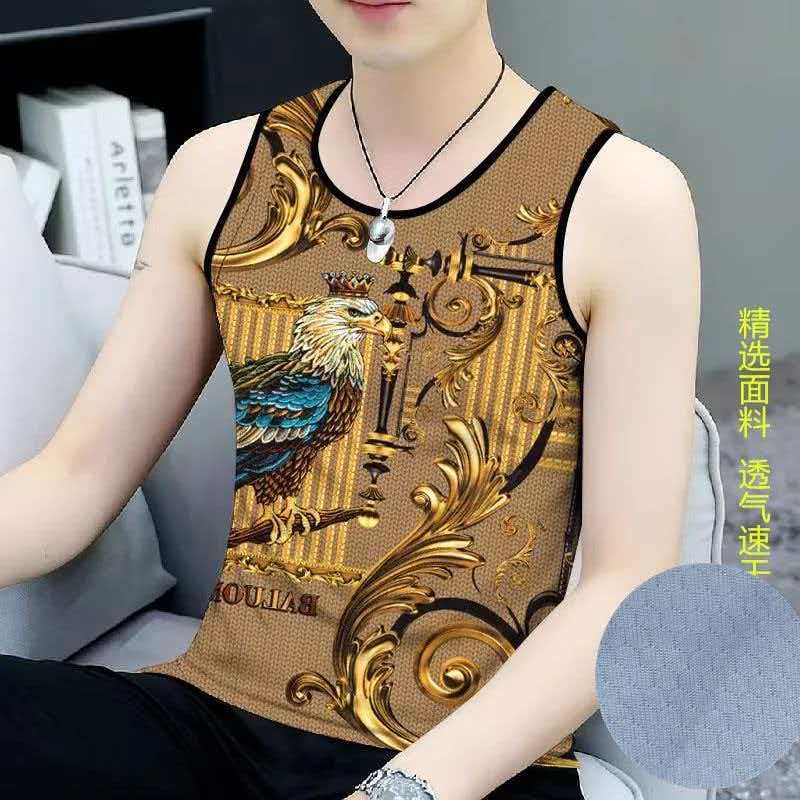 2026男士夏季新款潮牌印花无袖背心时尚潮流透气运动坎肩T恤衫潮
