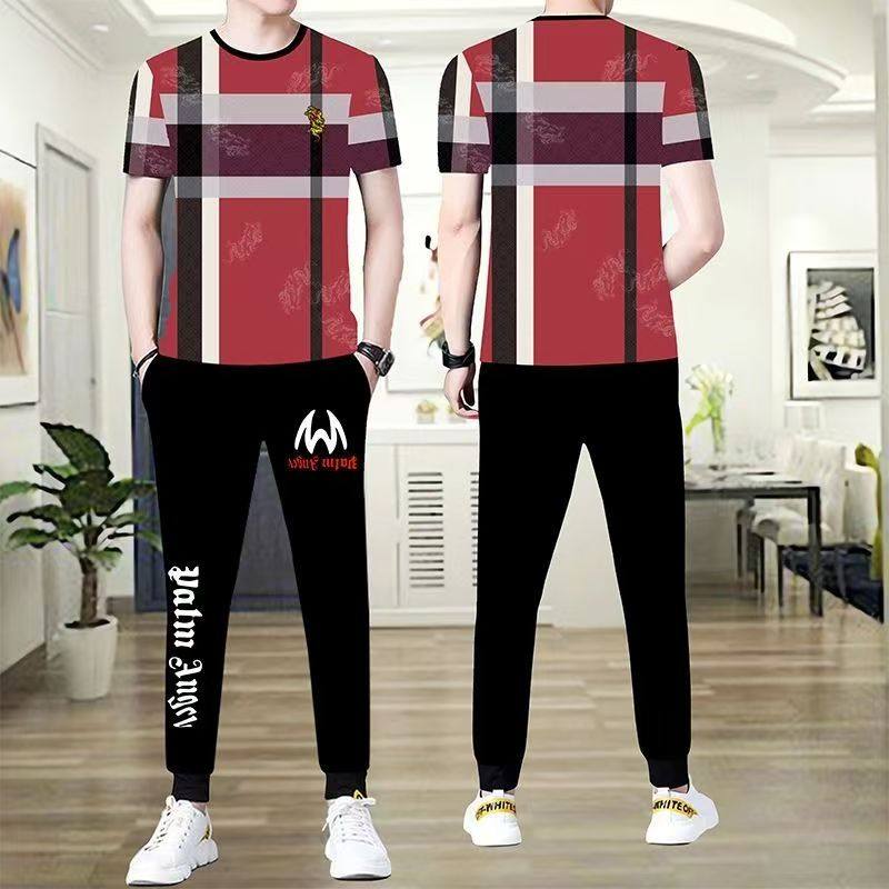 休闲运动套装男士2025夏季新款冰丝短袖t恤搭配长裤帅气男装一套