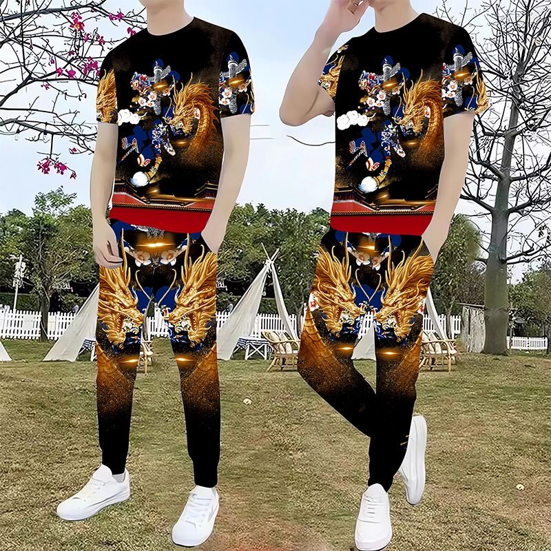 新款男士短袖长裤精品印花休闲运动帅气两件套名族风龙图案上衣